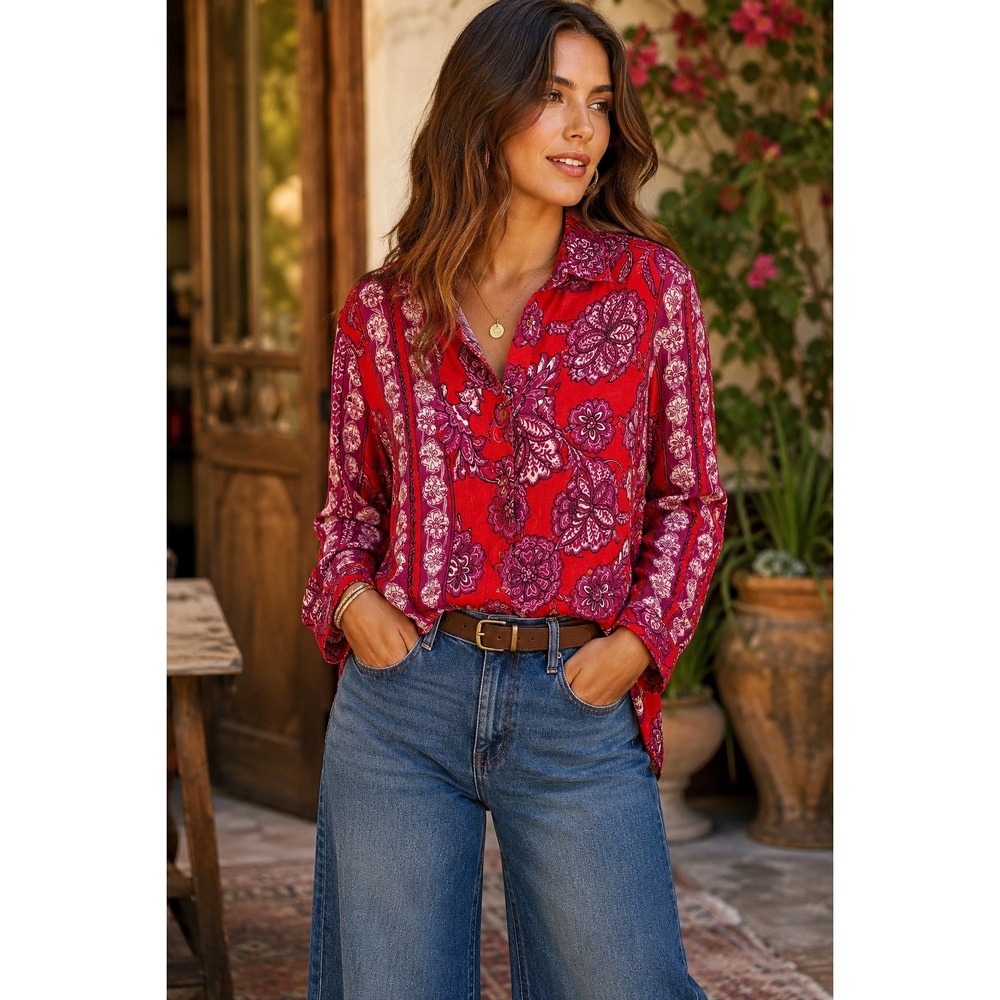 Boho Floral Paisley Button Down Shirt Red Purple Rayon Artsy Blouse Top Sz XL